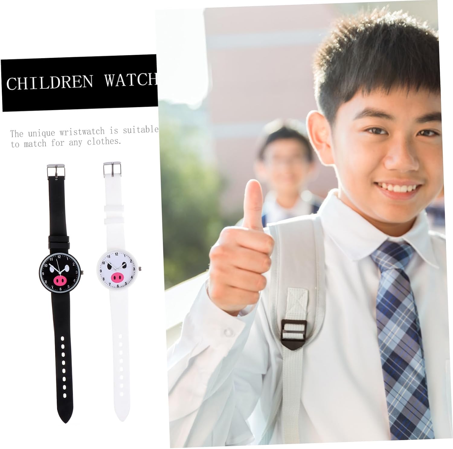 BESPORTBLE 2pcs Waterproof Silicone Watches for Students, Cartoon Pig Design in White and Black, Multifunction Quartz Wrist Watches for Boys