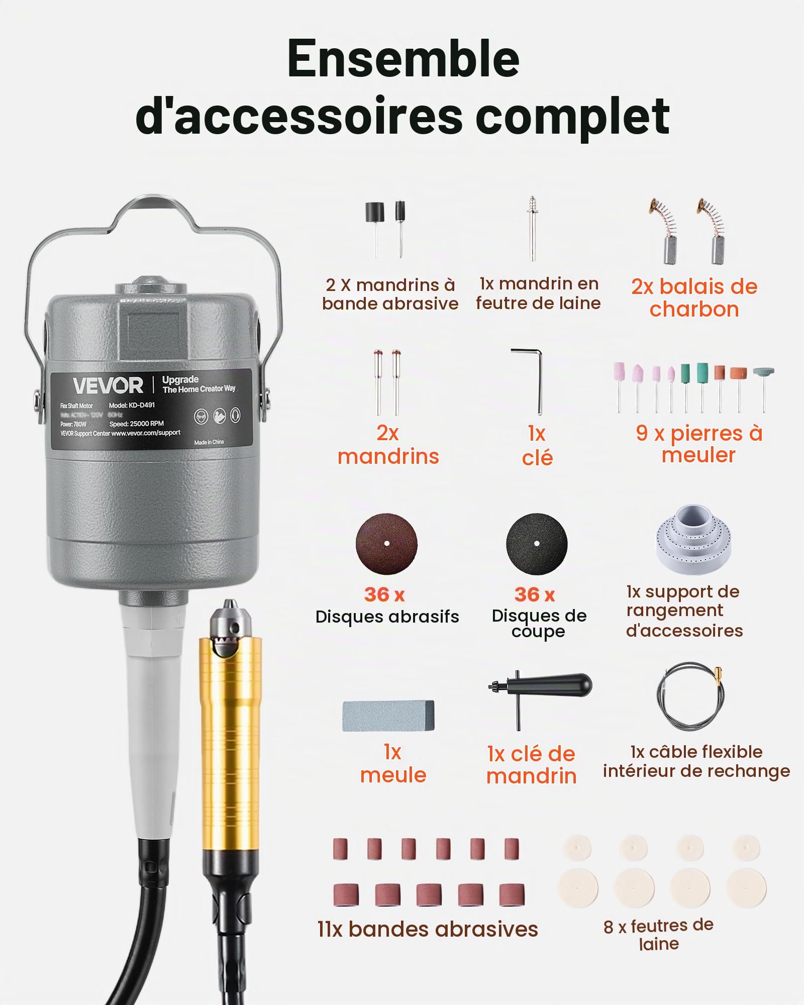 VEVOR Meuleuse Suspendue 780 W Outil Rotatif à Arbre Flexible Suspendu 25000 tr/min pour Ponçage Bois, Polissage Métaux, Perçage Bijoux, Meulage Pierre, Commande au Pied, avec 112 PCS d'Accessoires