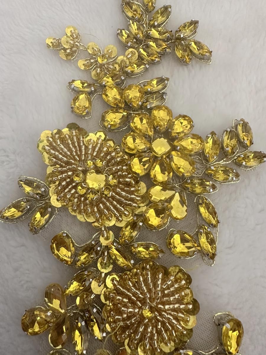 1 Pair/Set Rhinestones Lace Applique Accessories Handsewing Beads Sequins Stones Trim Patches for DIY Girl Wedding Dress Decorations (Yellow)
