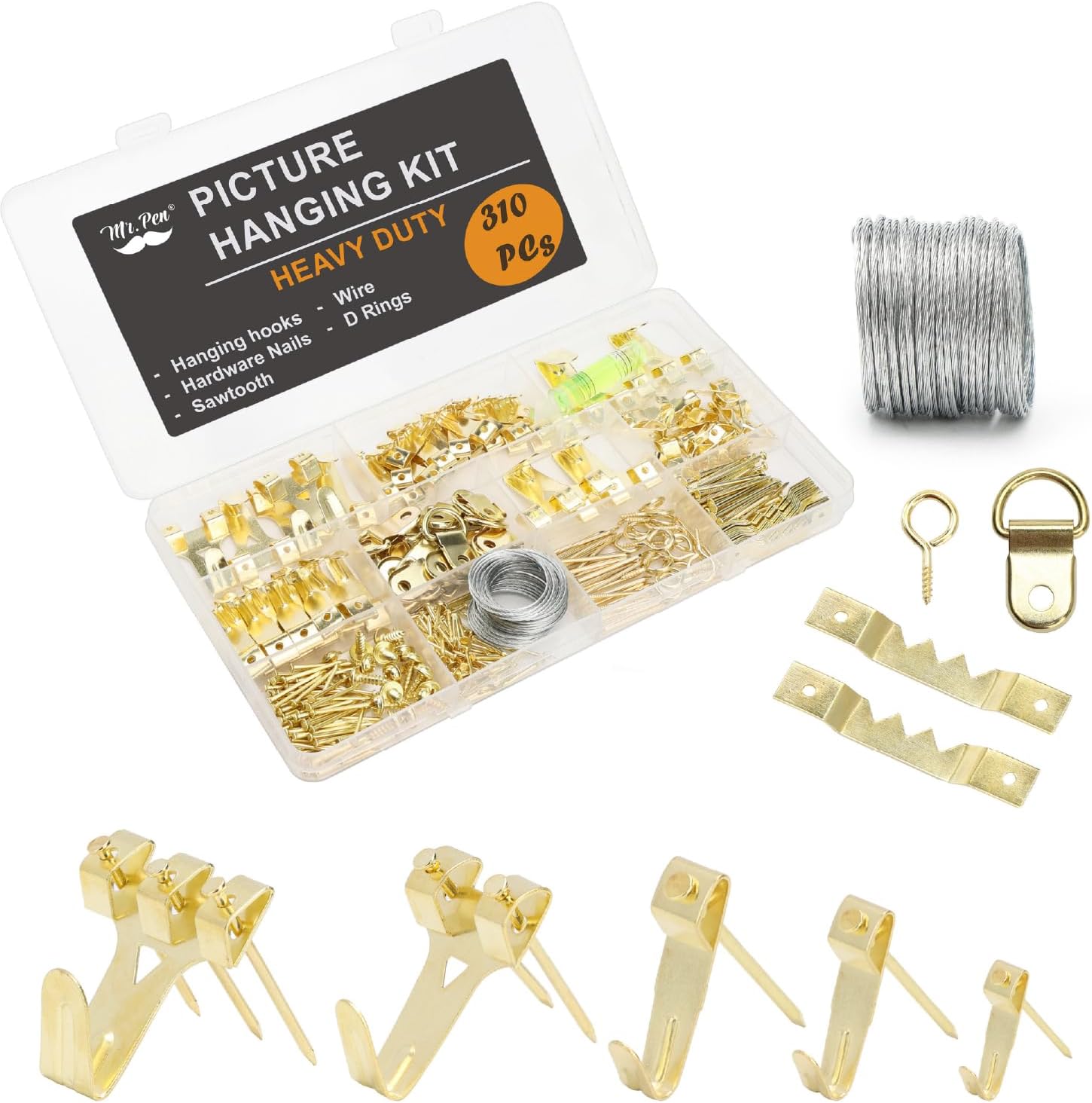 Mr. Pen- Picture Hanging Kit, 220 pcs, Gold, Assorted Hooks, Nails, Sawtooth Hangers, D-Rings, Steel Wire, Ring Hooks, Home Wall Mount Hardware for Frames, Canvas, Décor