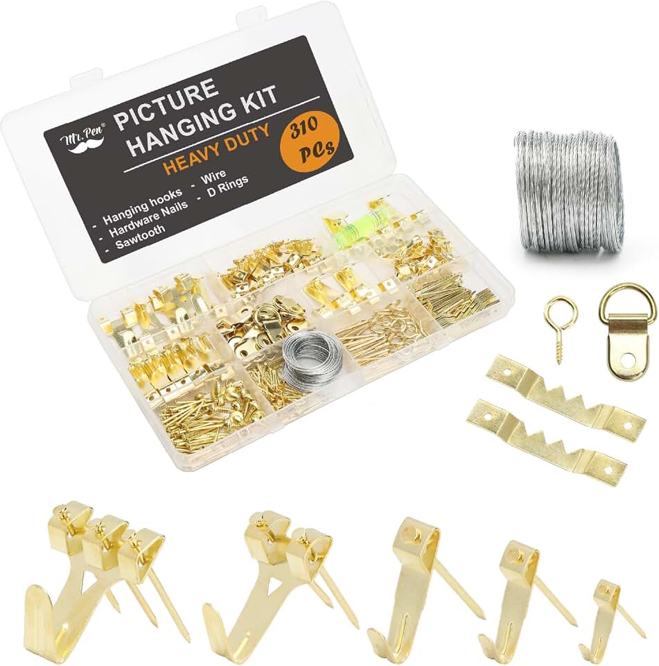 Mr. Pen- Picture Hanging Kit, 310 pcs, Gold, Assorted Hooks | Includes Nails, Sawtooth Hangers, D-Rings, Steel Wire, Ring Hooks, Home Wall Mount Hardware for Frames, Canvas, Décor