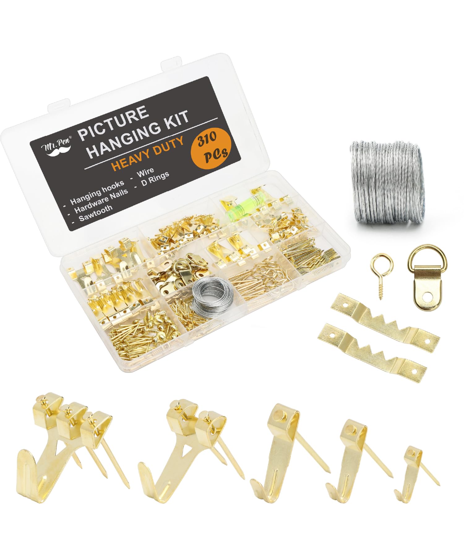 Mr. Pen- Picture Hanging Kit, 220 pcs, Gold, Assorted Hooks, Nails