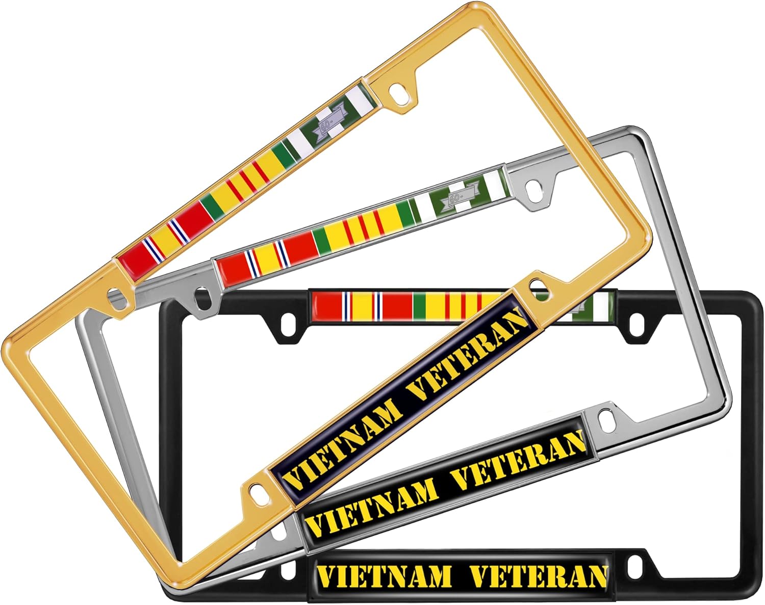 Vietnam Veteran 3 Service Ribbons - Domed Custom-Made Personalized Narrow (Thin) Top 4 Hole Metal Car License Plate Frame with Free caps - Chrome (Quantity: 1 Frame)
