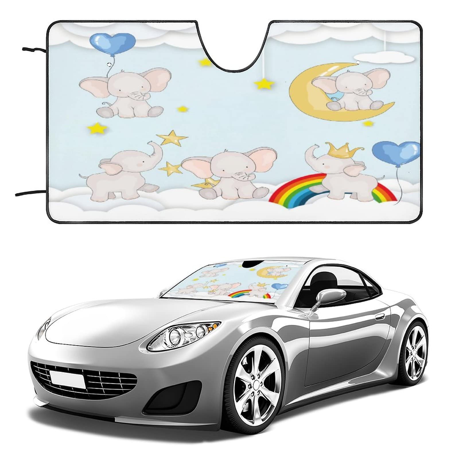 Cute Elephant Rainbow Winshield Sun Visor Rainbow Cartoon Balloons Elephant for Most Vehicles 51L x 28W Inch