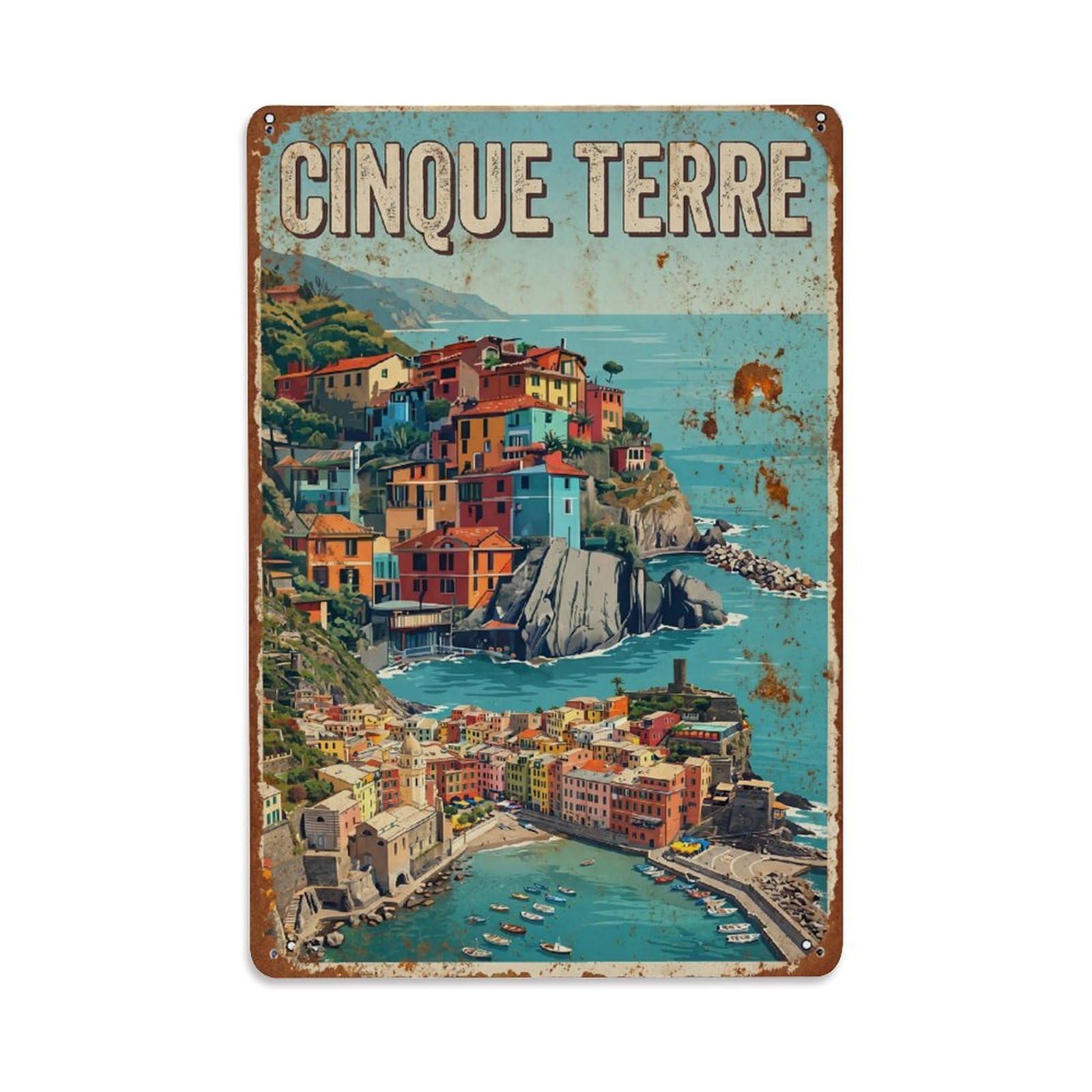 Yrnq 08X12inch Vintage Style Vintage Travel Cinque Terre Italy Panoramic Metal Tin Sign