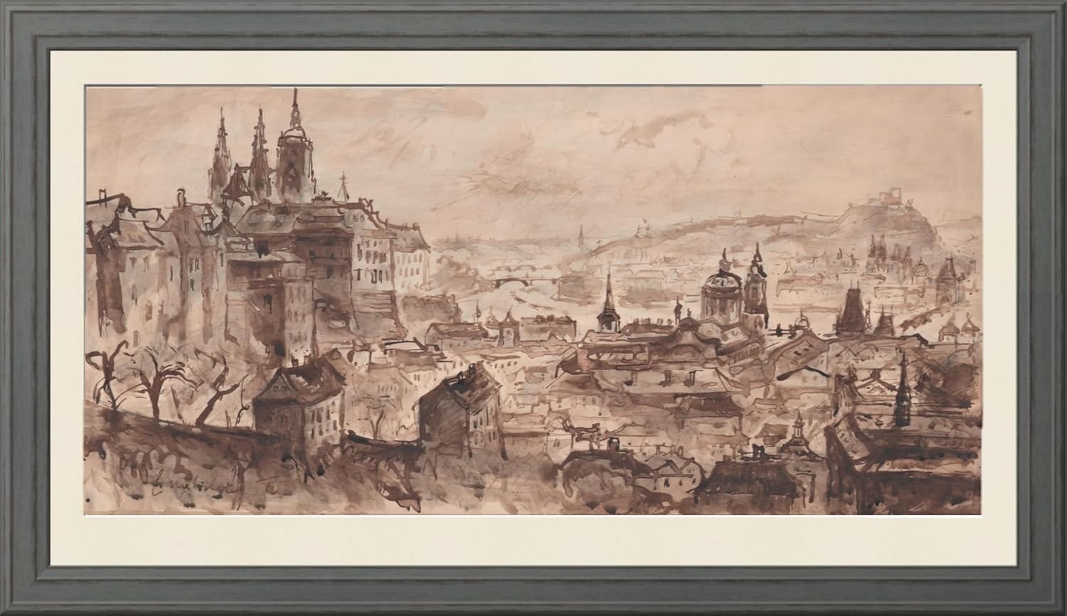 Jan B. Melichar | Prague from Strahov | Lavieren Drawing | Handmade Poster by Prague | Unique Picture Original Work Painting | 89 x 43 cm