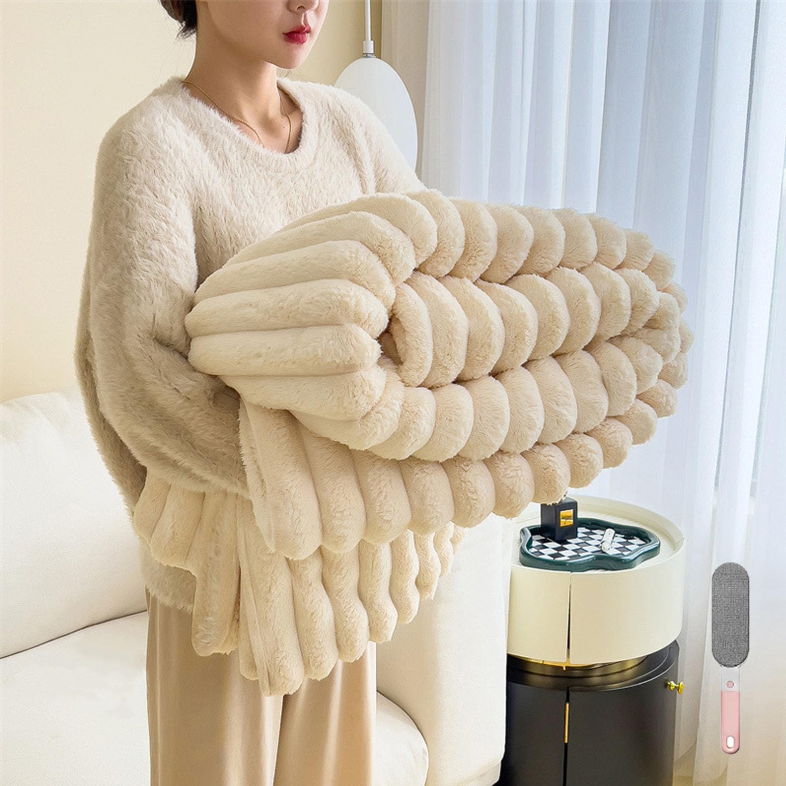 Popular Thickened Rabbit Plush Nap Blanket, Flannel Milk Velvet Cover Blankets, Thick Fluffy Blanket for Adults, Double Sided Super Soft Fleece Throw, Winter (White, 78.7 * 90.5in)