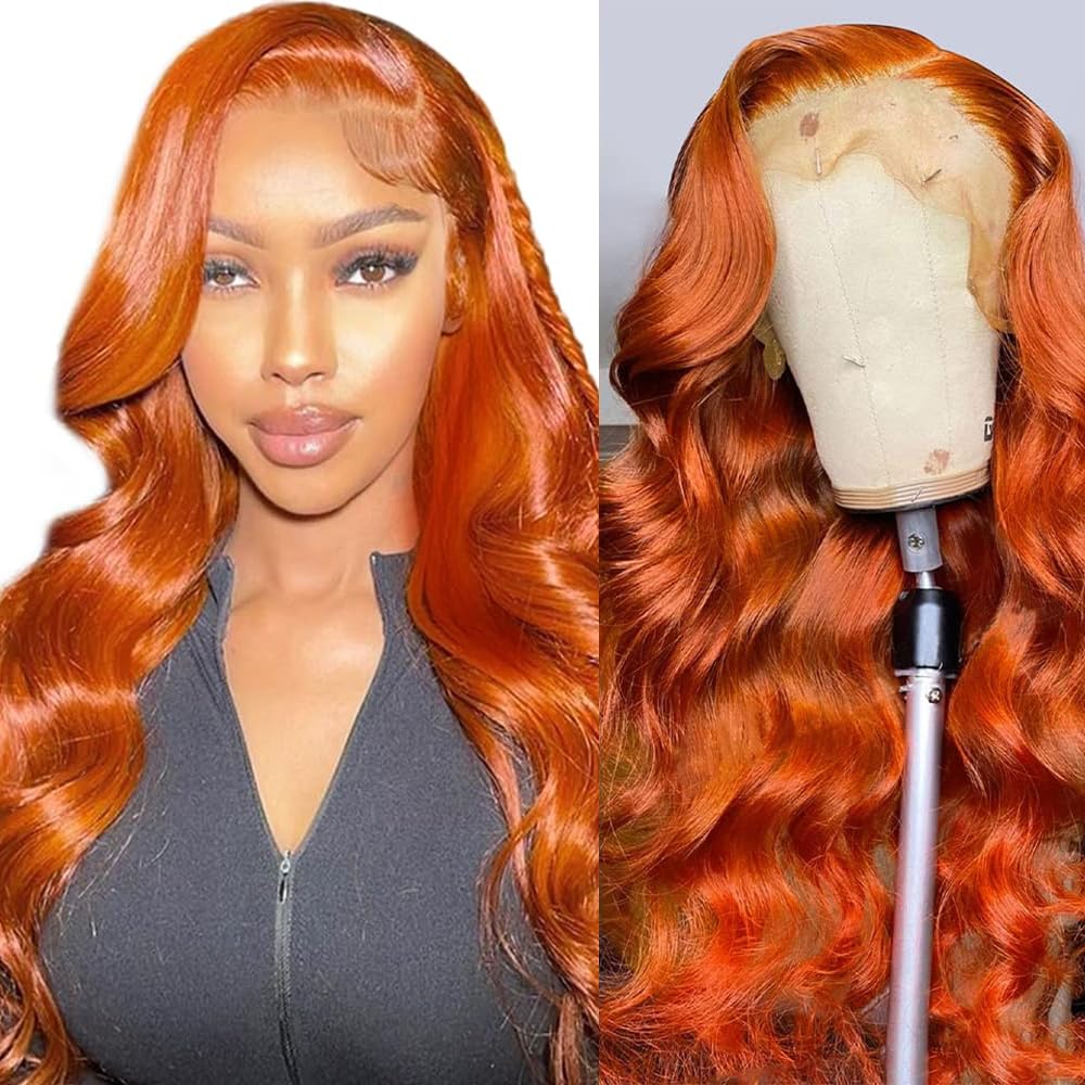 Ginger Orange Body Wave Lace Front Wigs Human Hair 350# 13x4 HD Transparent Lace Frontal Wigs for Black Women Glueless 180% High Density Human Hair Wigs Pre Plucked with Baby Hair(28inch)