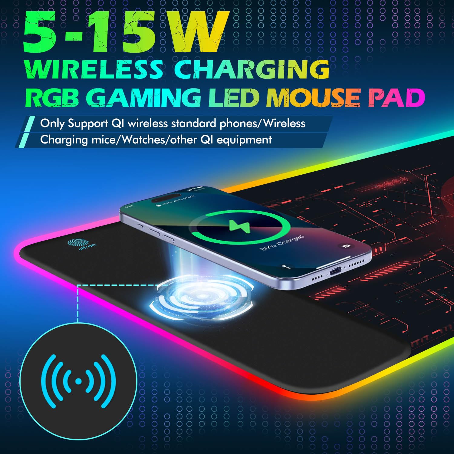 ToLuLu Tapis de souris de jeu RVB sans fil, 5/7,5/10/15 W, 10 modes d'éclairage LED, tapis de souris pour clavier d'ordinateur, 800 x 300 x 4 mm, grand tapis de bureau étendu pour jeux, MacBook,