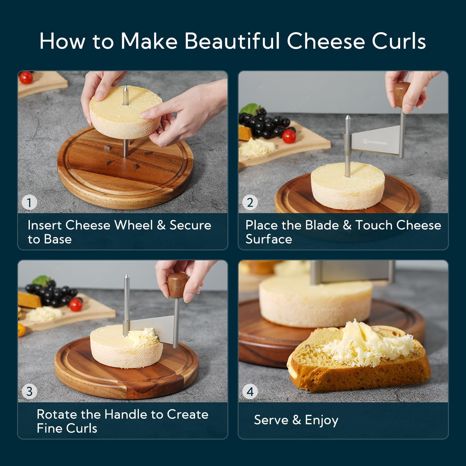 KITCHENDAO Cheese Curler for Making Flower-shaped Cuts, Acacia Wood Base