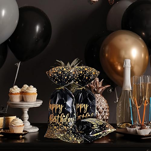 Miniatura 2 de Leinuosen 100 bolsas de feliz cumpleaños, pequeñas bolsas de celofán negro y dorado con 100 lazos dorados, embalaje de galletas para suministros de