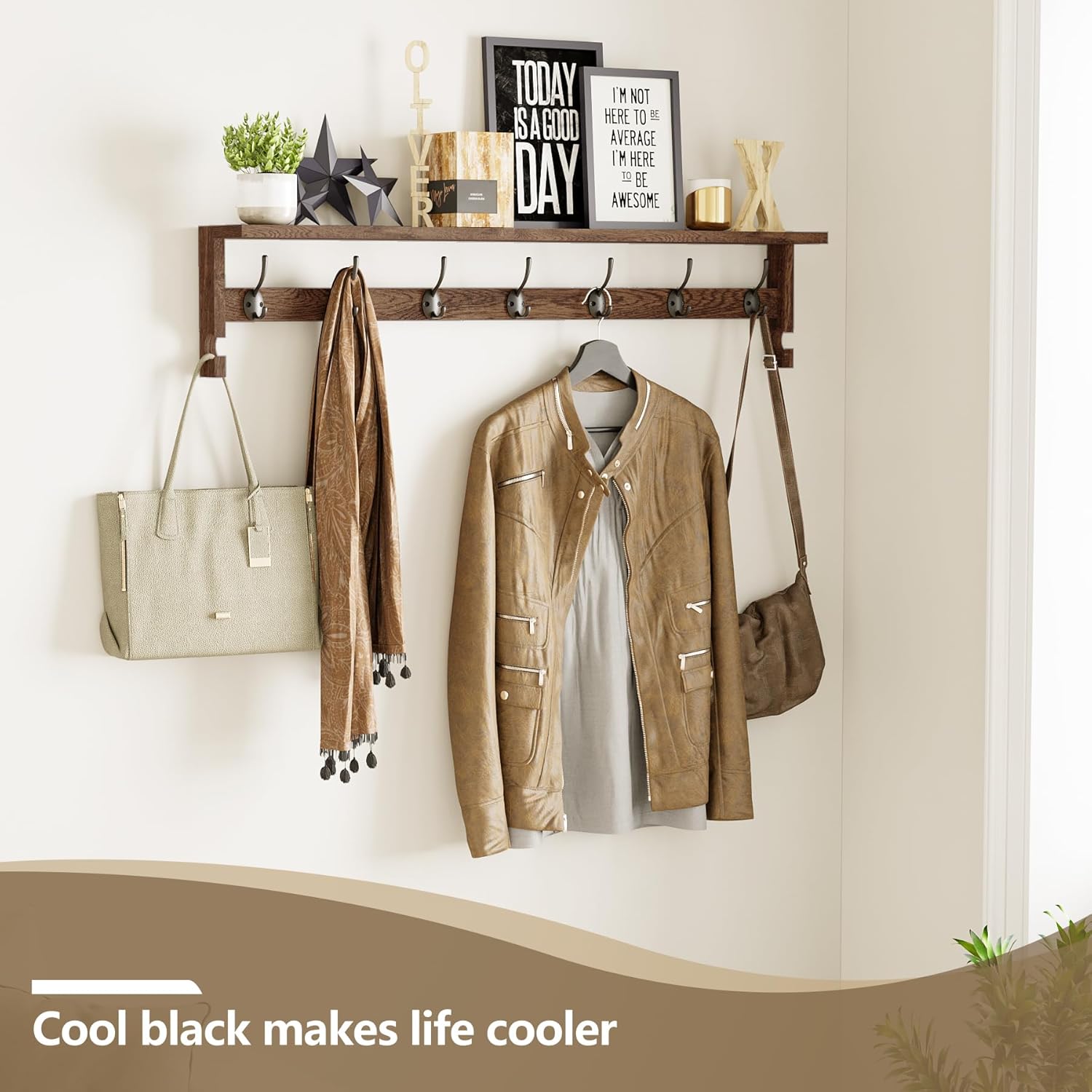 AMBIRD Coat Rack Wall Mount, 35 Inch Extra Long Wall Hooks with Hanging, Wooden Shelf with 7 Metal Hooks 2 Side Hooks, Wall Key Holder with Shelf in Entryway, Kitchen, Bathroom, Living Room, Bedroom