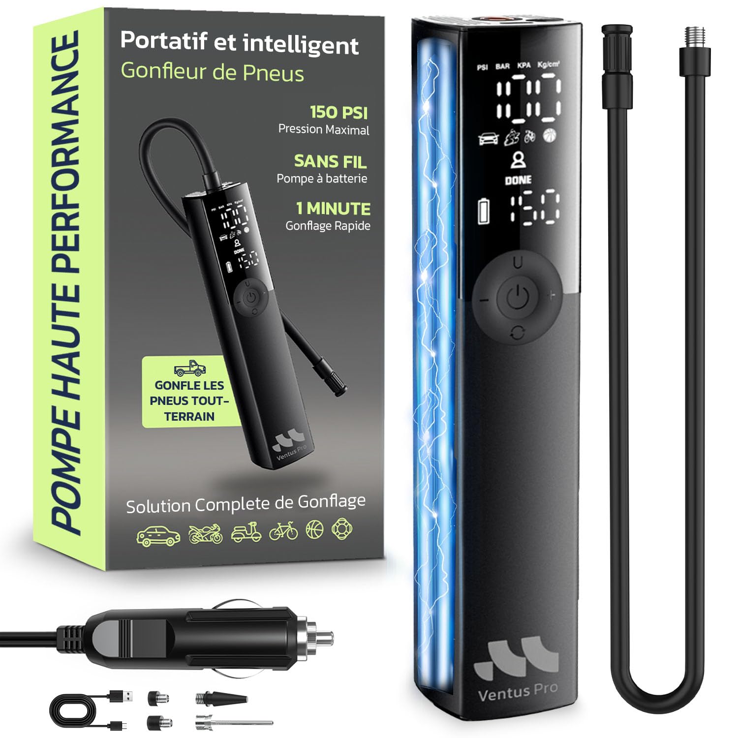 Woowind Compresseur à Air Portatif, Gonfleur de Pneu Premium, 2X Plus Rapide, 150PSI Pompe à Air pour Pneus de Voiture avec Câble 12V pour SUV & Tout-Terrain, Arrêt Automatique