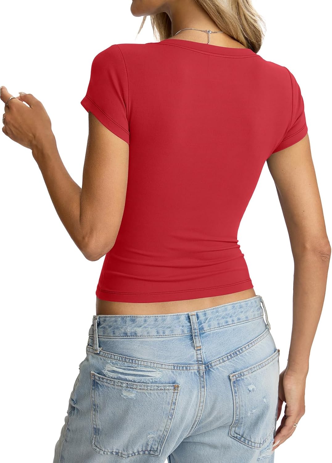 Womens Deep V Neck Short Sleeve Shirts Sexy Slim Fit Crop Tops Basic Tees Going Out Summer Outfits - Image 6