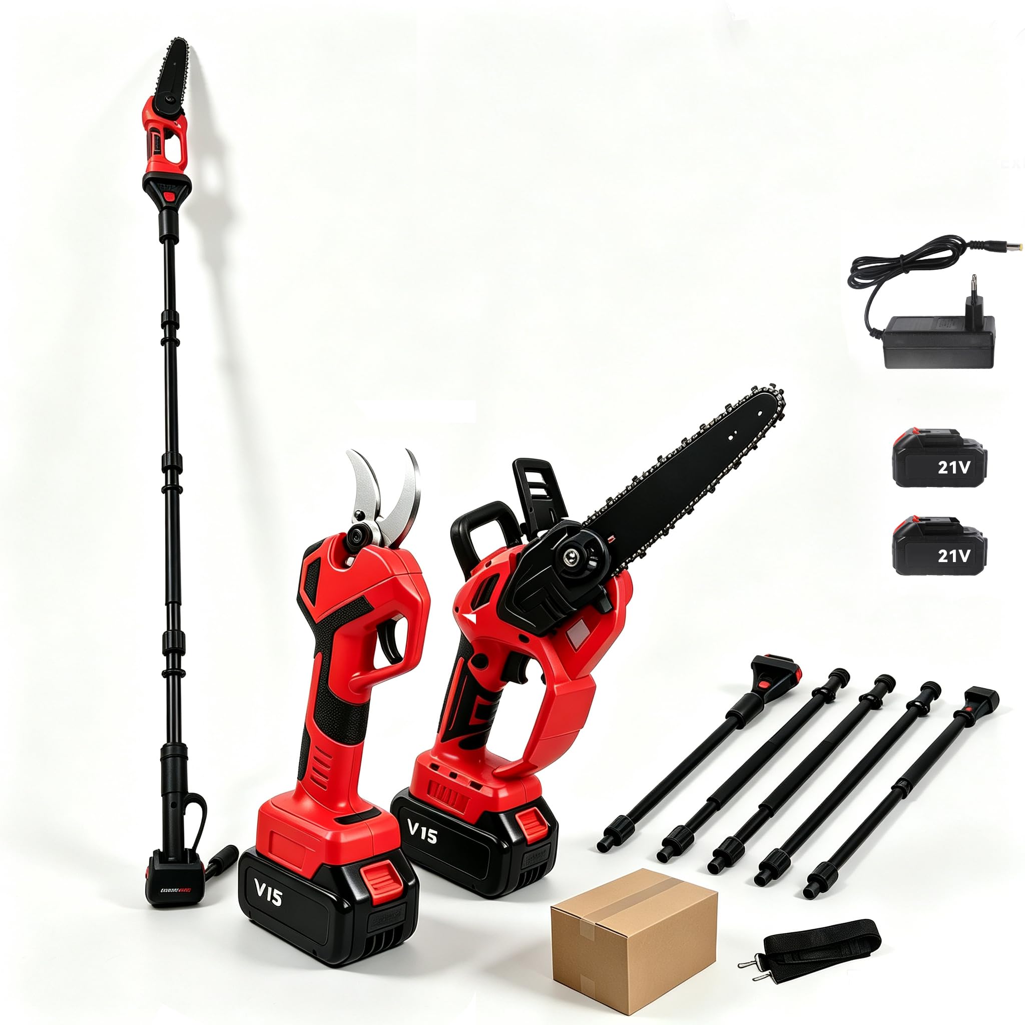 3 en 1 podadora eléctrica inalámbrica 21 V, con palo telescópico (rojo) | Motor sin escobillas, mini motosierra, corte 40 mm, modo seguro, ligero, alcance hasta 2 m, para árboles de jardín y huerto