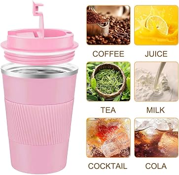 Travel Mugs, 380ml Insulated Coffee Cup with Leakproof Lid - Reusable Double Walled Coffee Mug, Stainless Steel Thermal Cup for Hot Cold Drinks, Water and Tea (Pink)