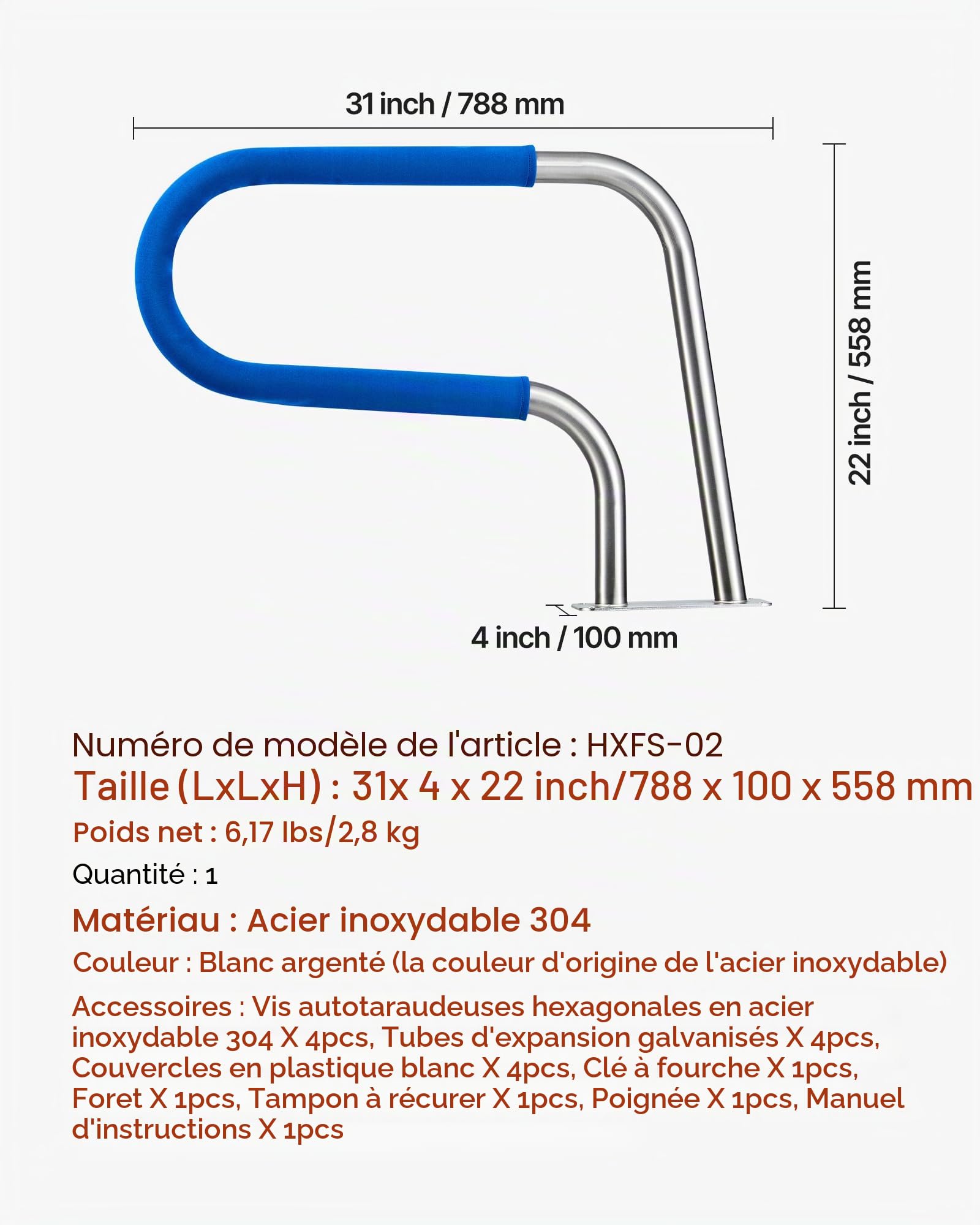 VEVOR Rail de piscine 30x22 Garde-corps de piscine en acier inoxydable 304, 250LBS Main courante de piscine, humanisée avec couvercle de poignée bleu et mèche M8 et vis autotaraudeuses