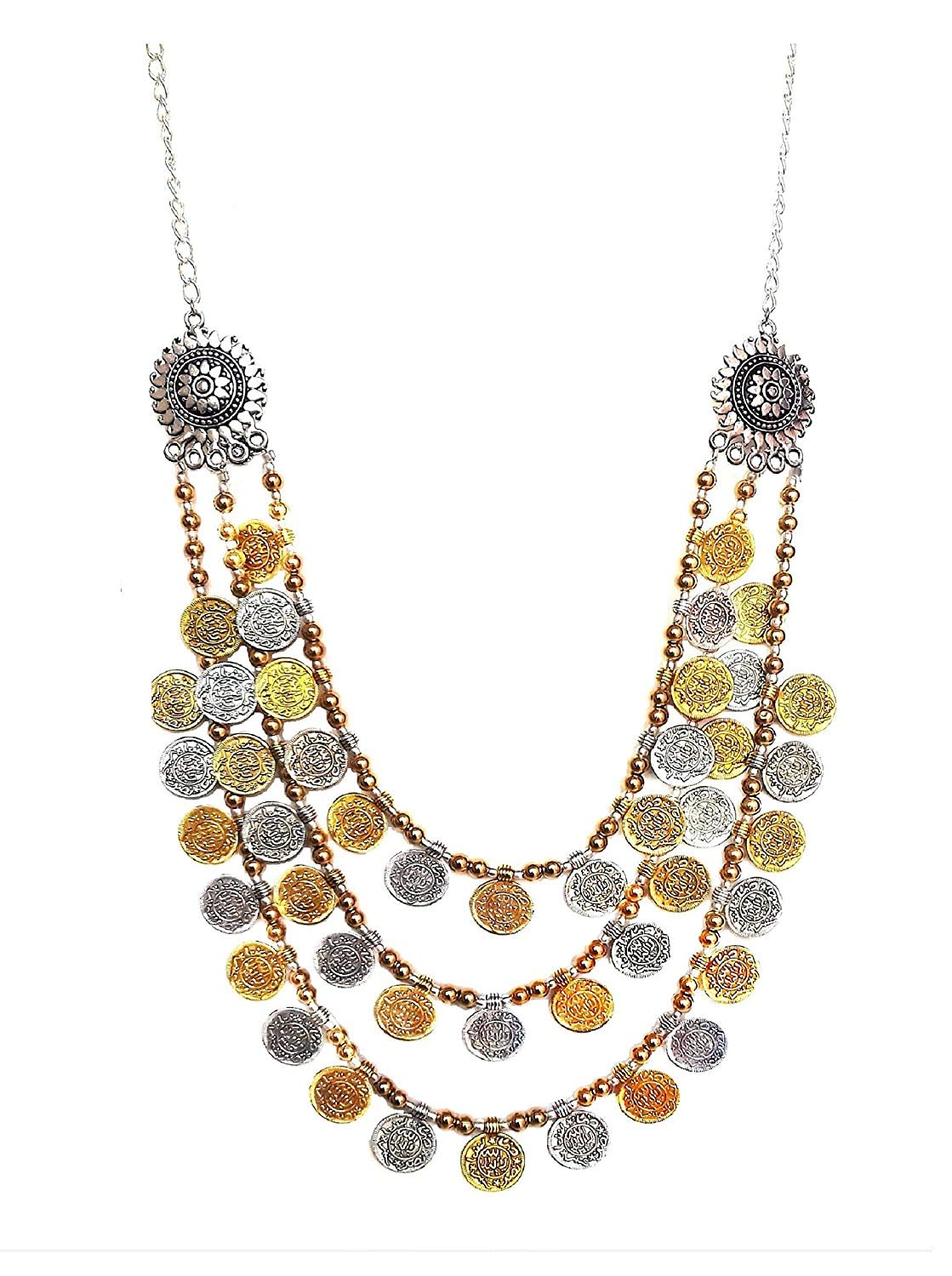 Silver Plated Oxidised Metal Dual Tone Three Layer Coins Necklace for Women, Multicolor