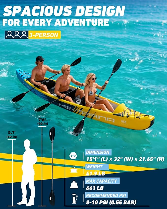 Kayak inflable HEYBOARD 3 personas con remos bomba mochila miniatura 2