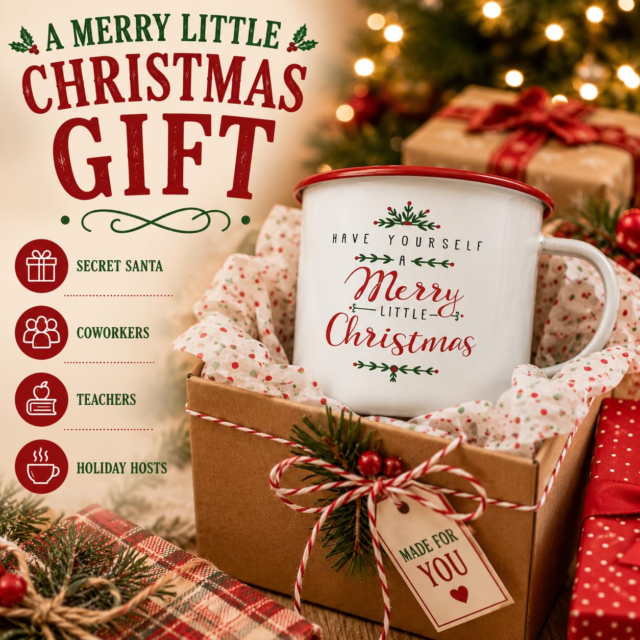 Wowser Merry Little Christmas - Taza de Desayuno, esmaltada, Color Rojo y Blanco, 3 3/4 Pulgadas de Alto