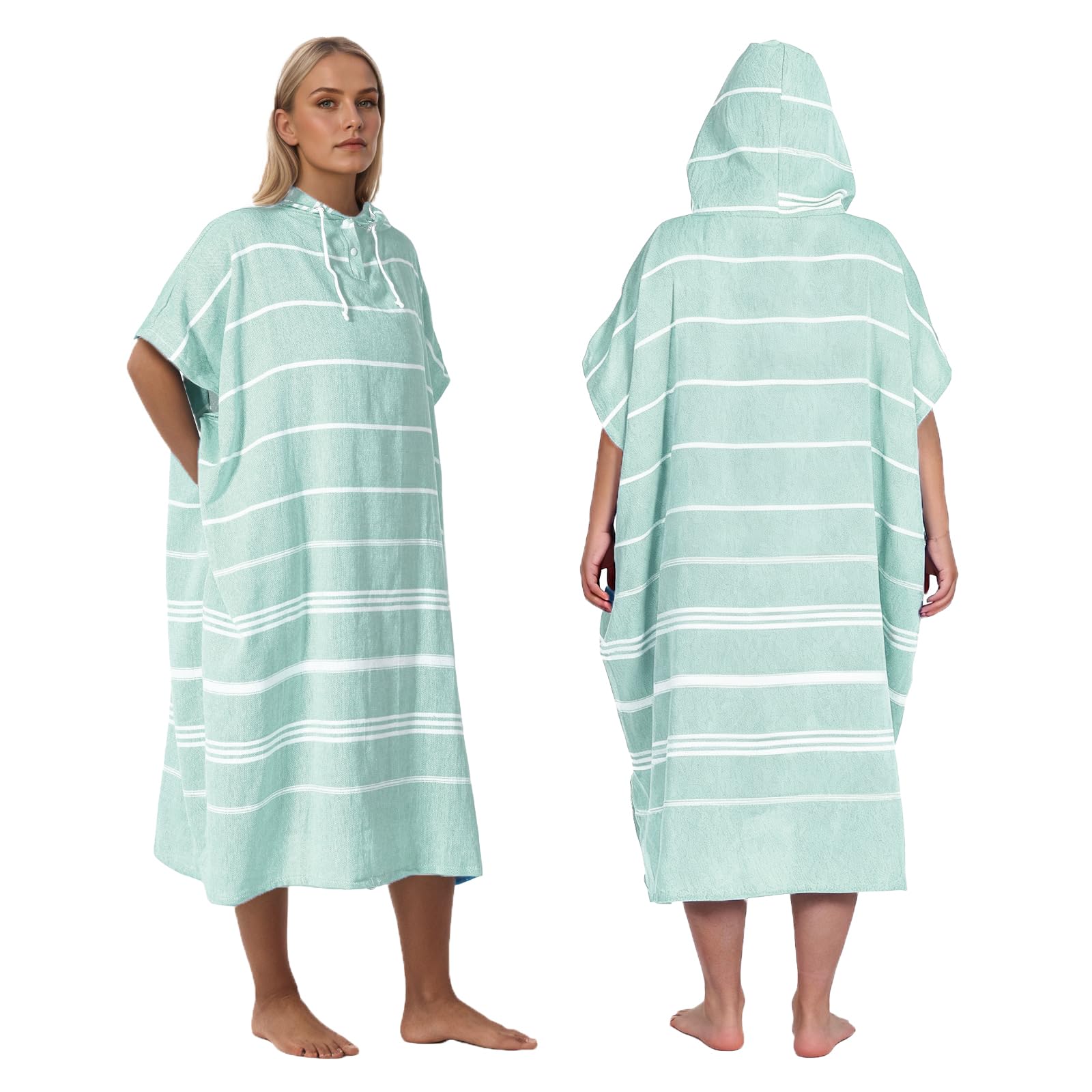 1pcs Cotton Turkish towel poncho Turkish Surf Poncho Changing Towels Wearable Towel Hooded Swim Robe with Pocket Swim Cover Up Beach Towel for Adult Man Women Surf, Beach, Pool and Swim (Green, M)