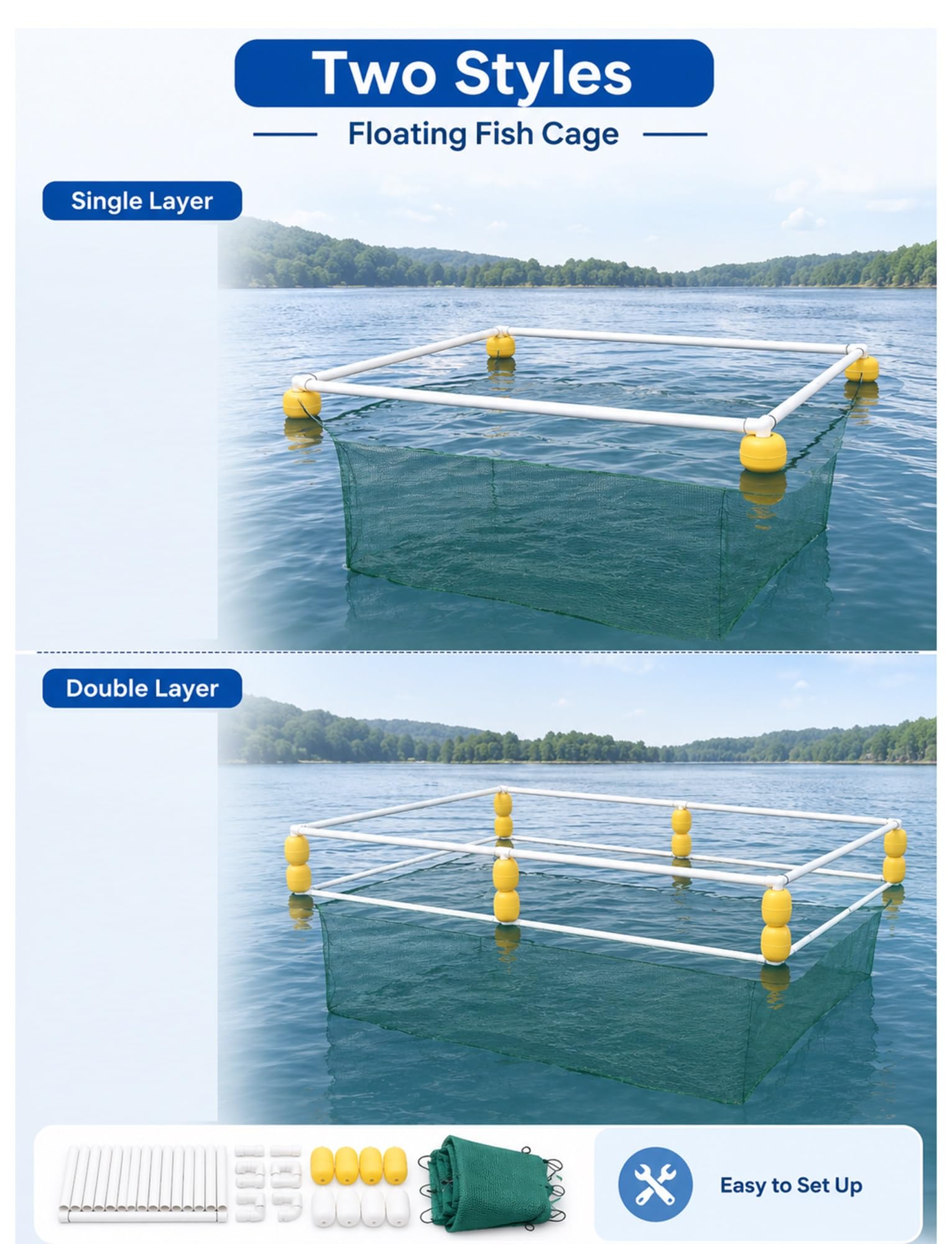 Fischhälter Netz 3 mm mit PVC-Rahmen und großen Schwimmern