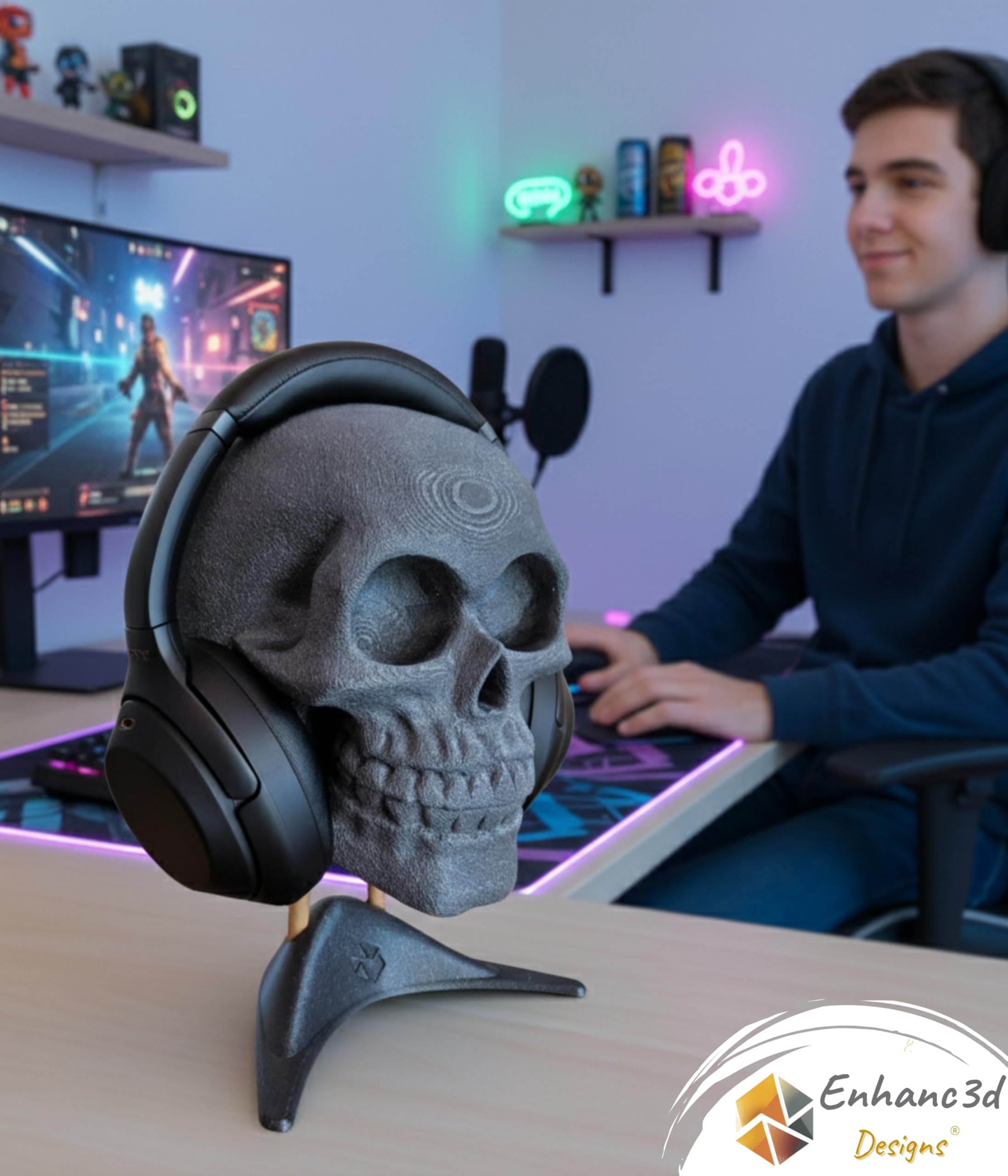 Supporto per Cuffie a Forma di Teschio, Cuffie gioco, Vassoio per Cuffie, Accessori da Gioco, Prodotto in Europa