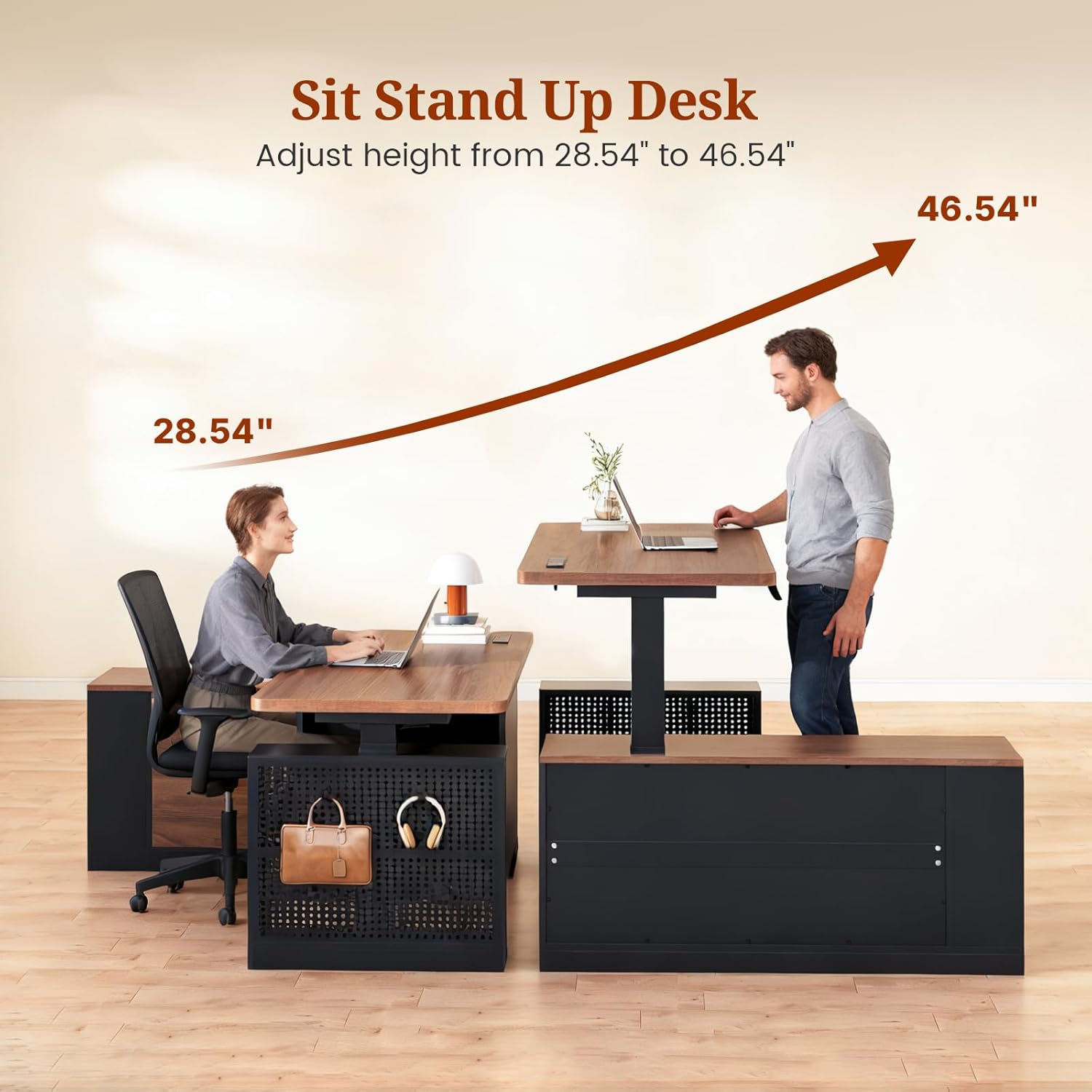 L Shaped Standing Desk Adjustable Height, 53" Electric Office Desk with File Drawers & Storage Shelves, Sit Stand Corner Computer Desk with Power Outlets, Pegboard, 6 Hooks, Black & Walnut