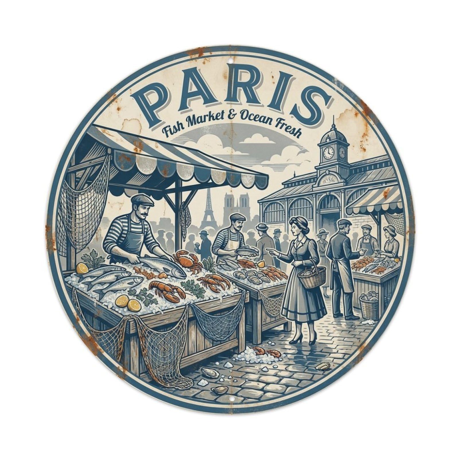 Olhnbad Style Paris Cuisine Culture Fish Market Oyster Tasting Travel Metal Tin Sign