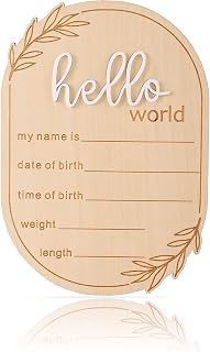 Baby Announcement Sign, 5.91x4.13in Hello World Wooden Newborn Name Sign for Birth Photo Props Baby Shower Hospital Nursery Decor Personalized Birth Keepsake (White)