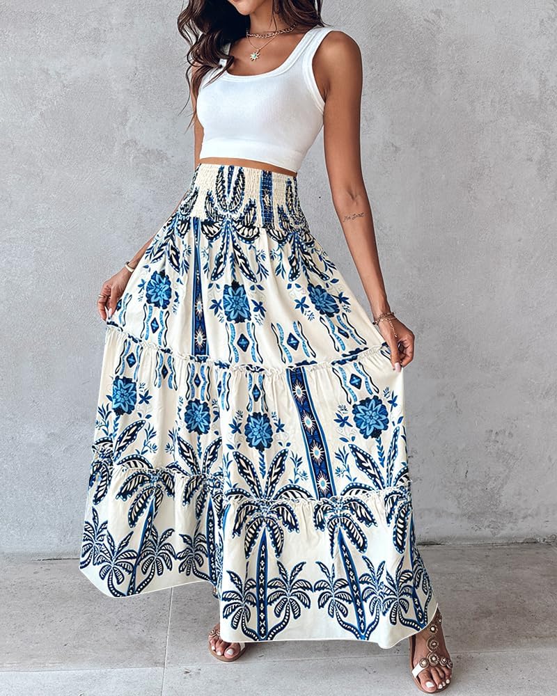 CHICME Women's Boho Floral Maxi Skirt Summer Casual Shirred High Waist Flowy Long Skirt with Pockets for Beach Resort Wear