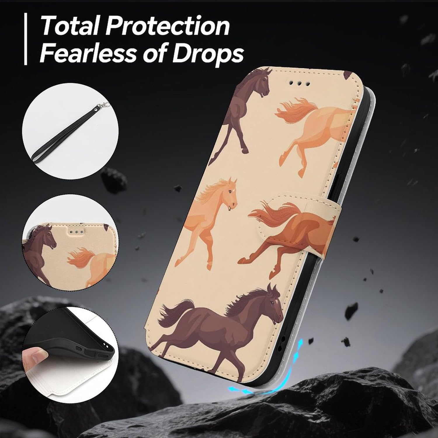 Racing Horses Horseraces Compatible with iPhone 16/16 Plus/16 Pro/16 Pro Max/16 E Case Phone Wallet Card Holder Flip Cover with Wrist Strap