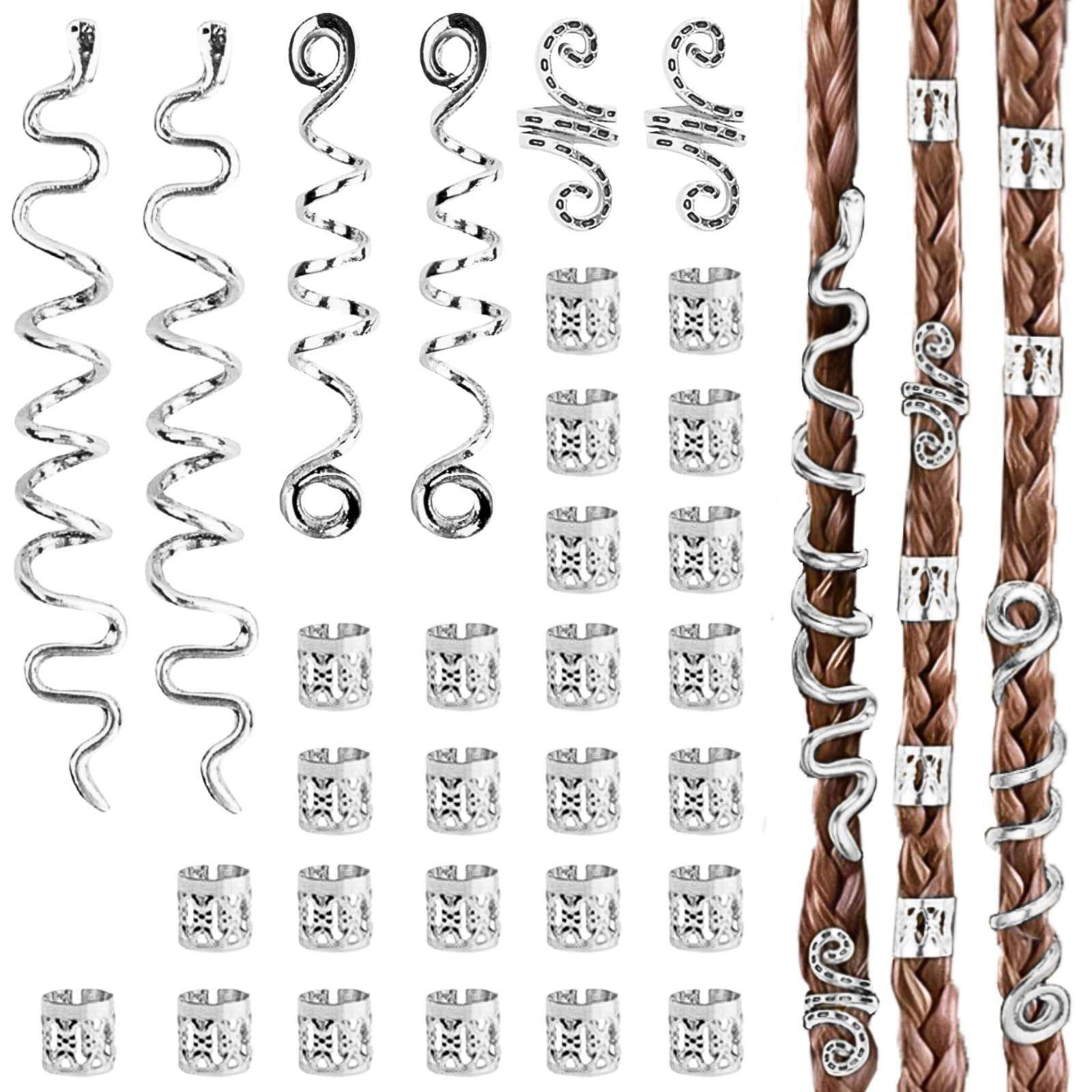 LUFFLOK 31 Stück Silber-Haarschmuck für Zöpfe, Dreadlocks Schmuck, Haaranhänger für Frauen und Männer, Manschetten-Clips für Haar-Dreadlock, Dreadlocks Perlen Flechtet Haarspiralen Clips (Silber)
