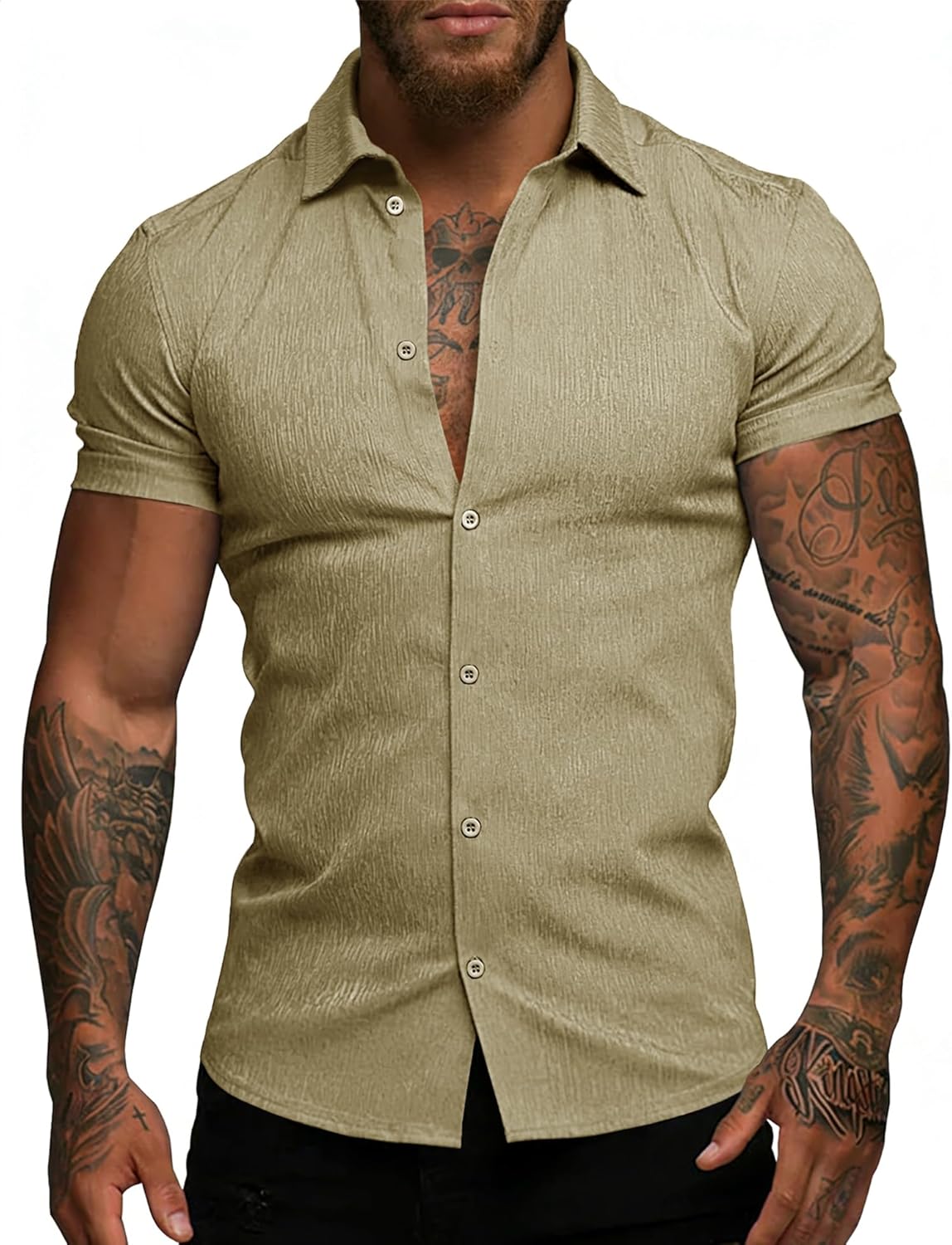 URRU Men's Muscle Dress Shirt Short Sleeve Casual Stretch Wrinkle-Free Button Down Textured Summer Beach Shirt