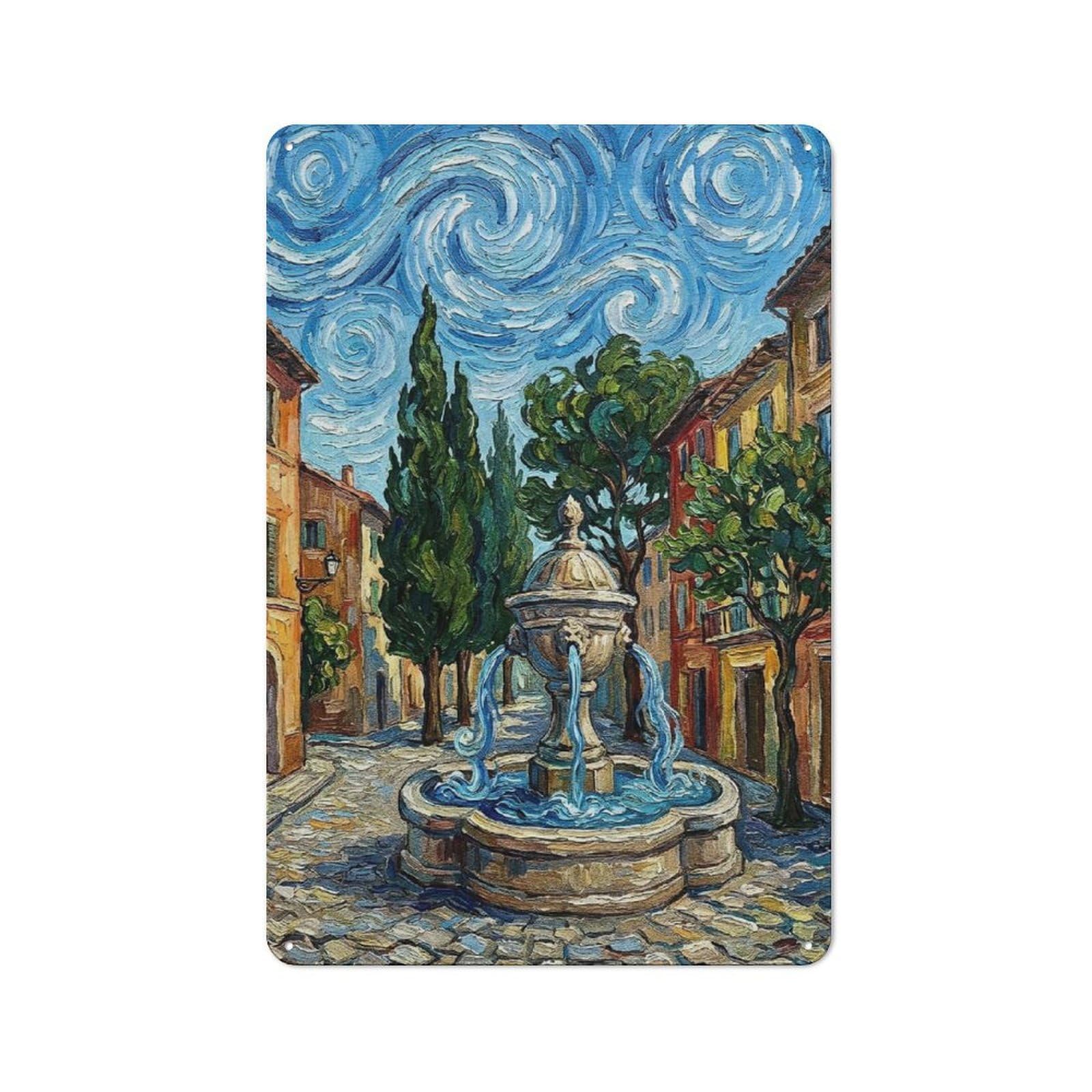 Junmoney Style-12 European Town Square With Fountain Painting Retro Metal Wall Decor 30X20cm, Retro Metal Sign For Garage, Hobby Room, Office Or Man Cave