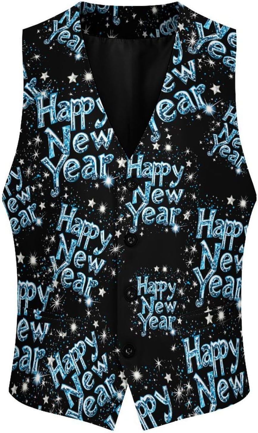 Happy New Year Shiny Blue Snowflakes Suit Vest for Men Casual Business Tuxedo Slim Fit Suit Vests Lightweight Waistcoat