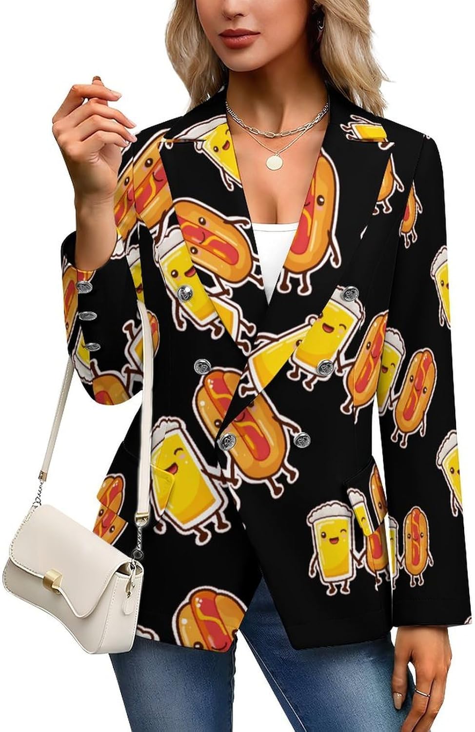 Beer Hot Dog Sausage Blazer for Women Casual Open Front Lapel Suit Jacket Business Work Coat