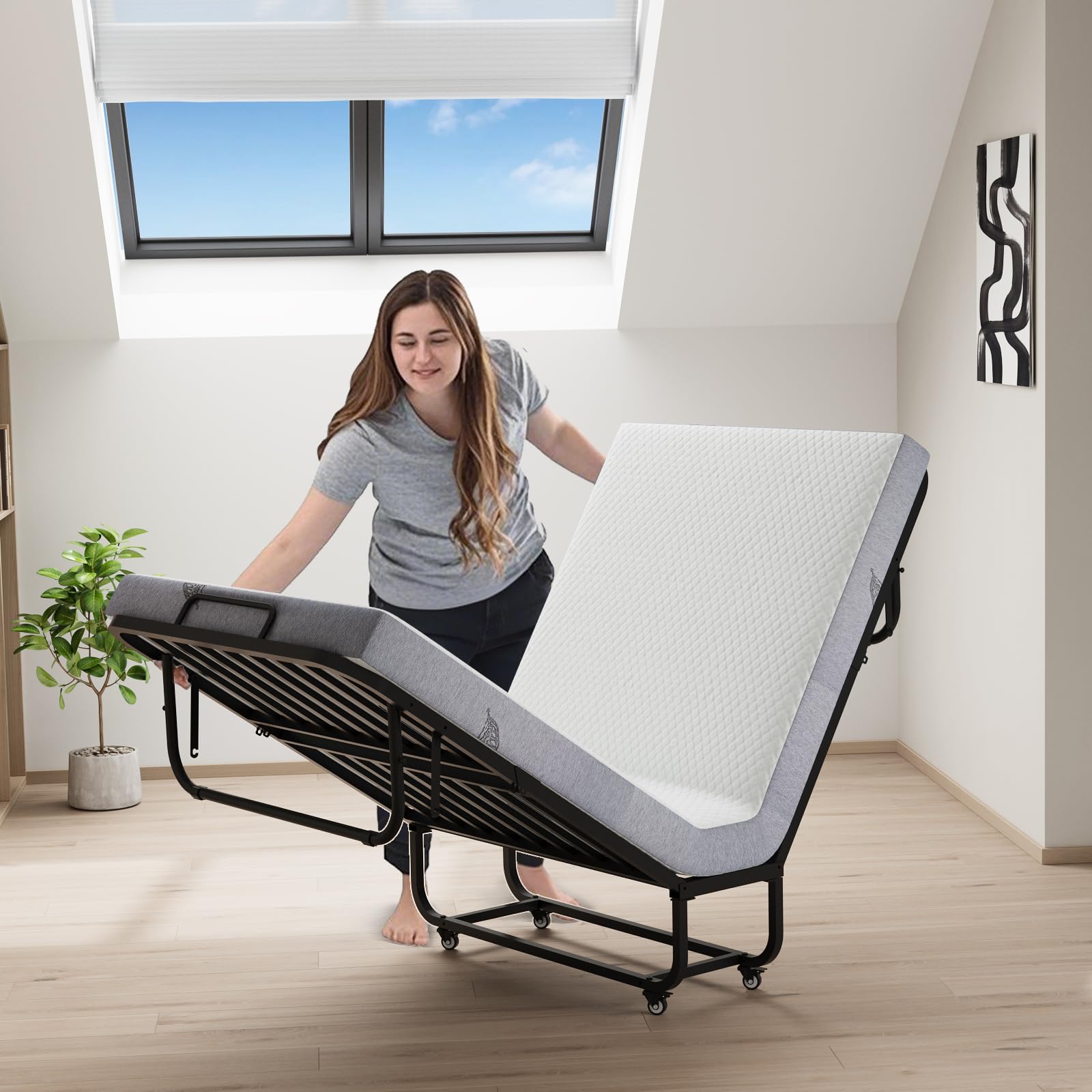 VOWNER Lit Pliant 1 Personne 90 x 200 cm, lit d'appoint avec Matelas en Mousse Mémoire et Couverture de Poussière，Structure Robuste ET 4 Roues, Charge 200 kg