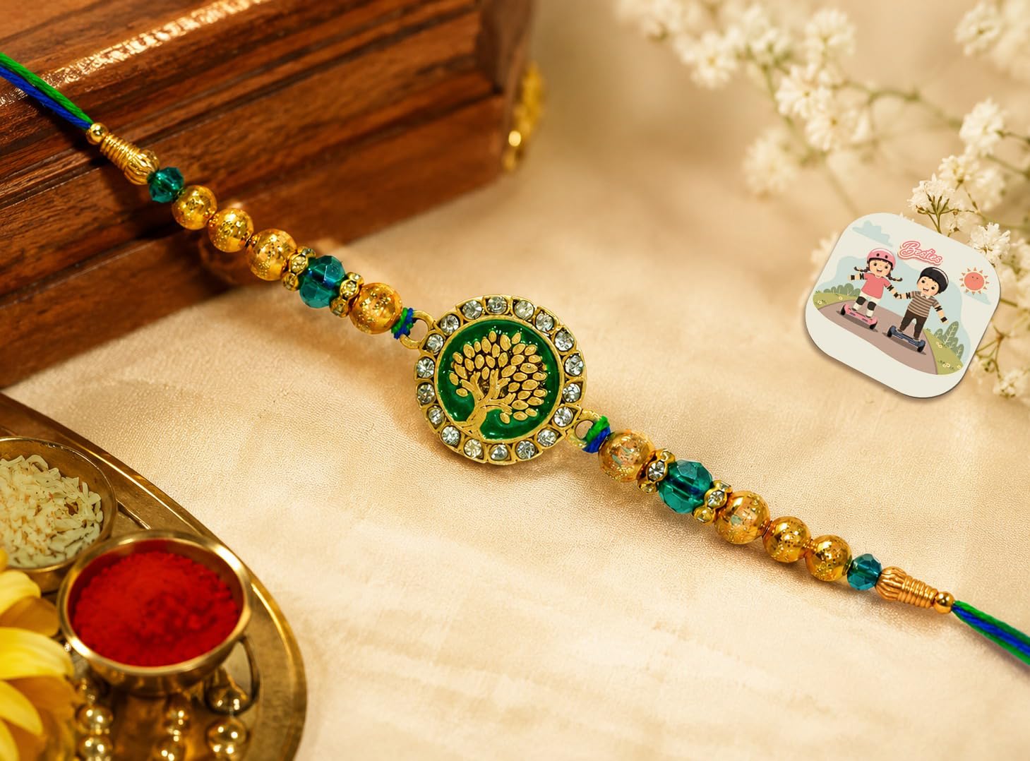 craftvatika Rakhi for Brother, Rakhi Set of 1, Tree of Life Designer Kundan Rakhis for Bhaiya Bhai Bro Boy Men, Designer Single Raki with Best Wishes Greeting Card, Tilak Set Fridge Magnet Gift-picture-39