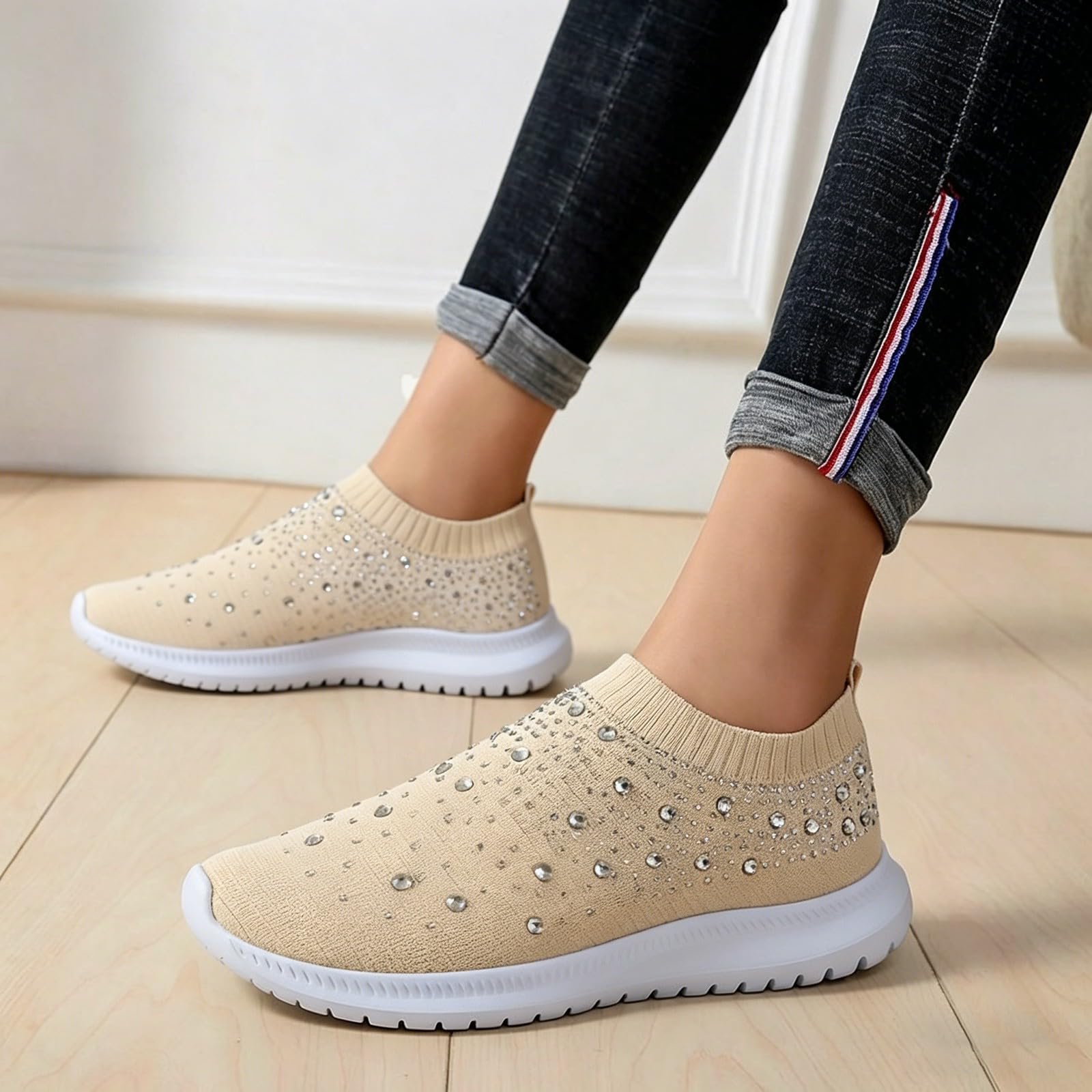 Scarpe da ginnastica da donna glamour con strass a maglia, senza lacci, con strass, per vacanze, crociere e feste, cachi, 40 EU