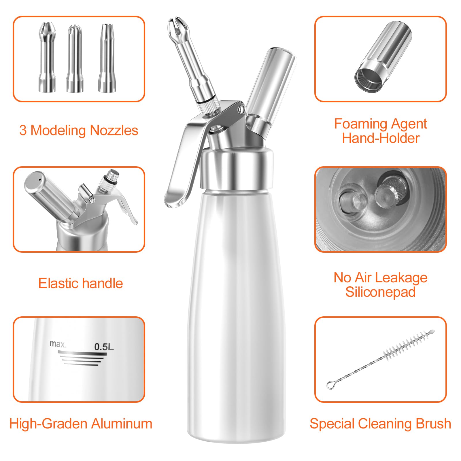 Newaner 500ml Sifone Panna Montata, sifon da Casa e Cucina Alluminio con 3 Ugelli in Acciaio Inox e 1 Spazzola da Pulizza, per Decorazione Torte di Compleanno Pasticceria Panna Gelato e Dessert
