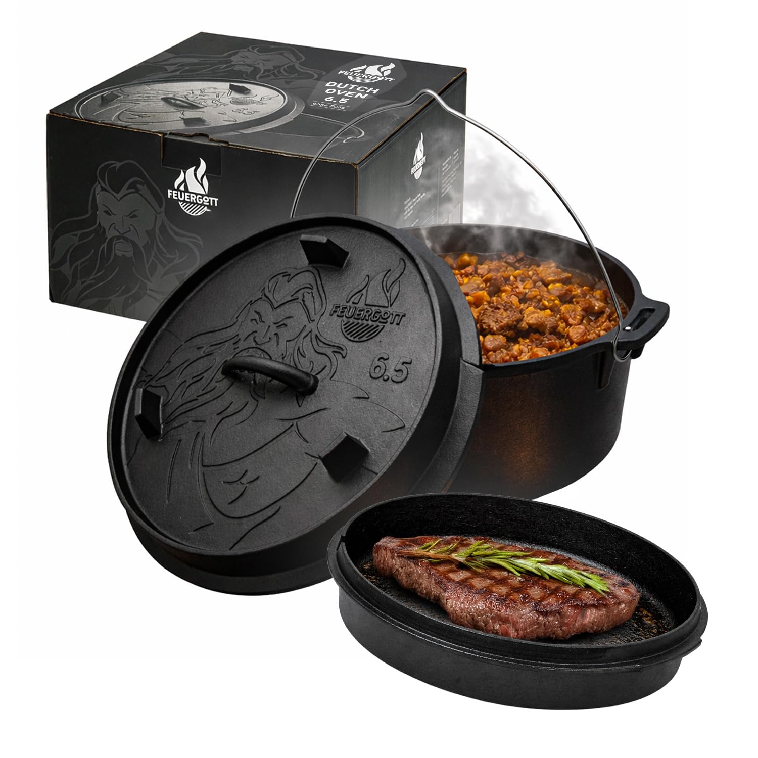 Dutch Oven 6,5 l sans pieds – Grande casserole en fonte pour cuisinière, induction, four, rôti, pain, barbecue – Cocotte pour famille, ragoût, ragoût, ragoût, goulache, cuisine, rôtissoire
