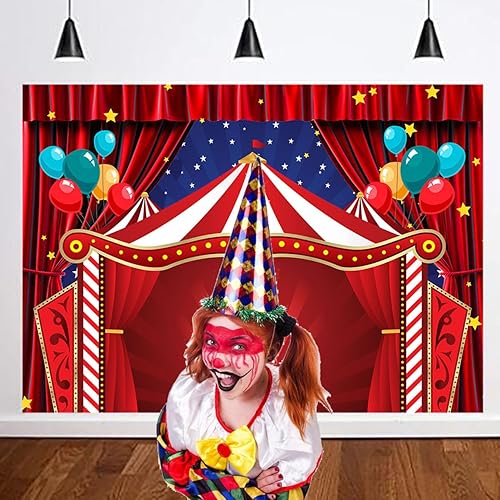 Miniatura 2 de Fondo de fiesta de circo de 5 x 3 pies para fotografía de fiesta de circo rojo, decoración de globos, fiesta de cumpleaños infantil, carnaval,