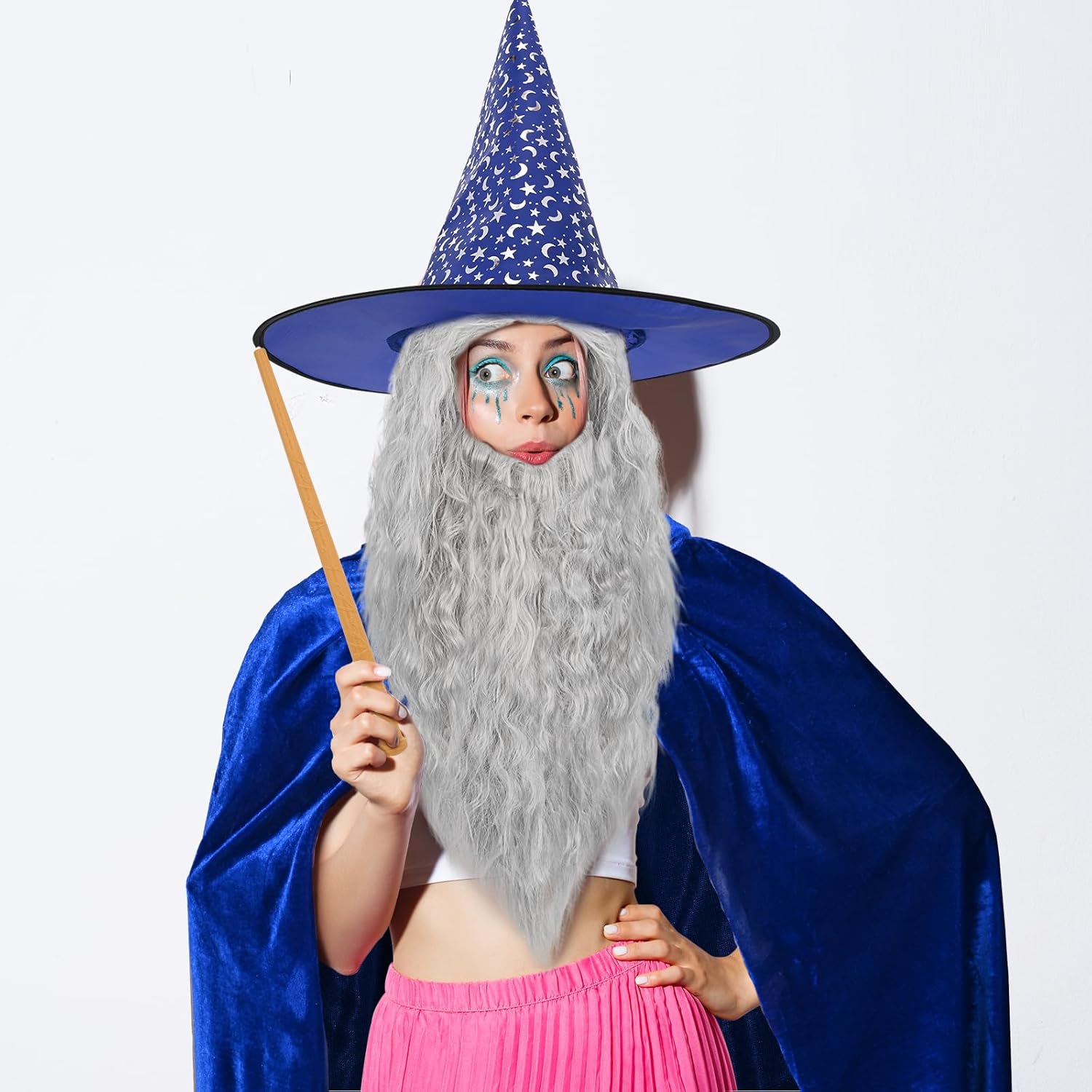4 Pcs Halloween Wizard Costume Wizard Hat,Velvet Cape,Wig Beard and Wand for Men Women Party Dress Up