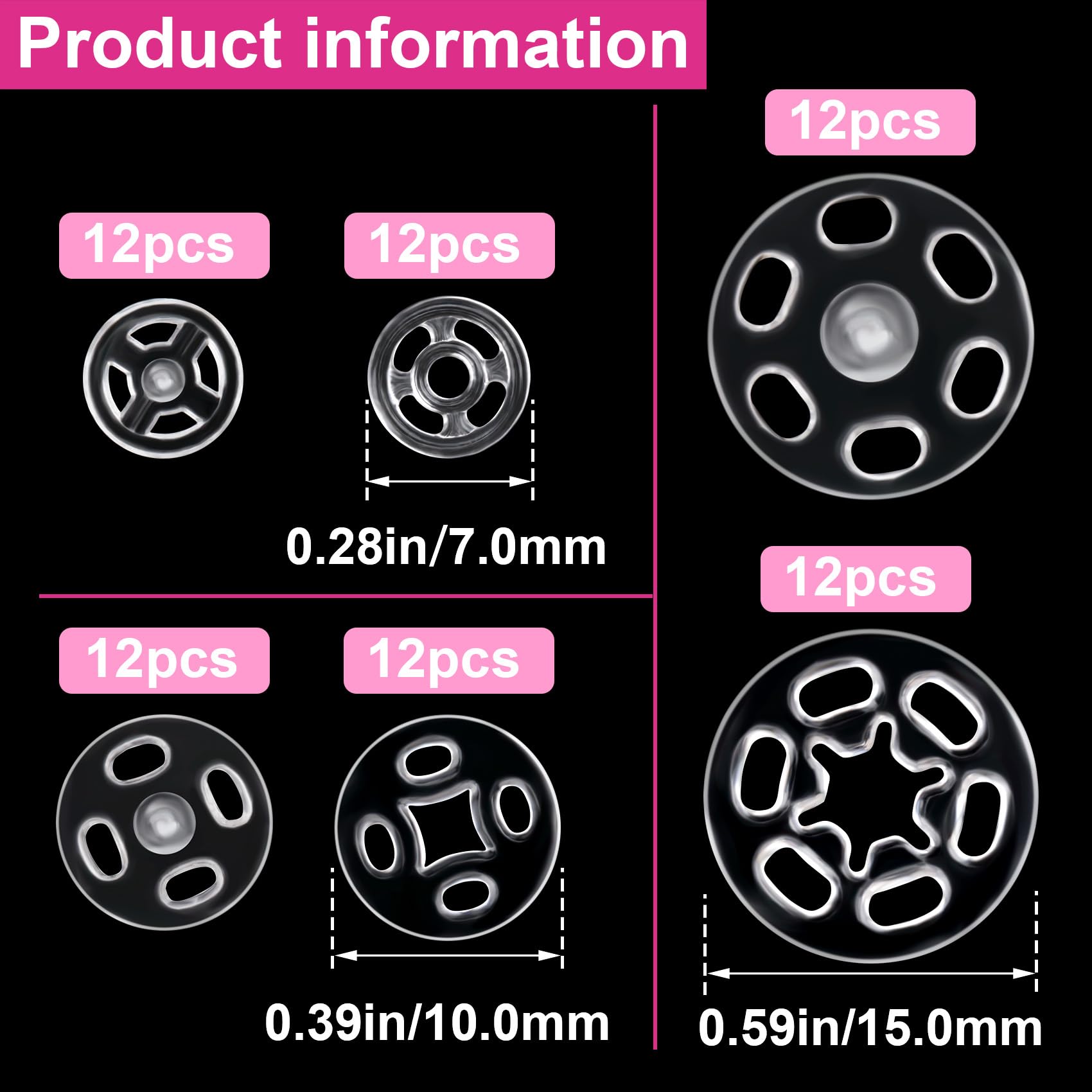 Pndeyo 36 Set Sew-on Snap Buttons, 7mm 10mm 15mm Plastic Snaps Fasteners, Invisible Clear Press Buttons for Shirt Skirt Jeans Coat Jacket Windbreaker Hats Shoes Bag