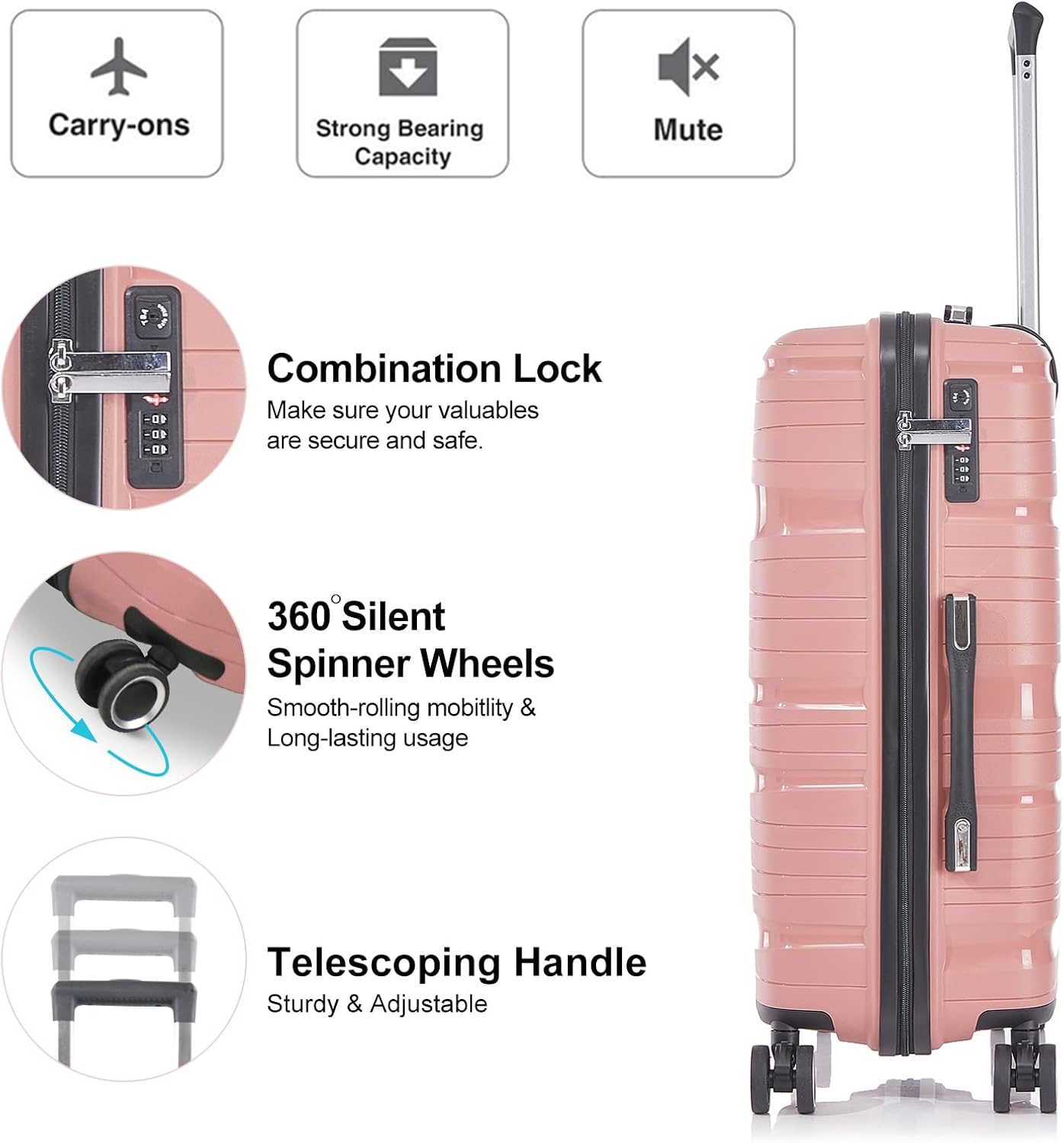 review Apelila 3 Piece Luggage sets Excellent Toughness PP Material with Spinner Wheels Travel Suitcase Hardshell Lightweight (3 PCS PP Luggage Rose gold)