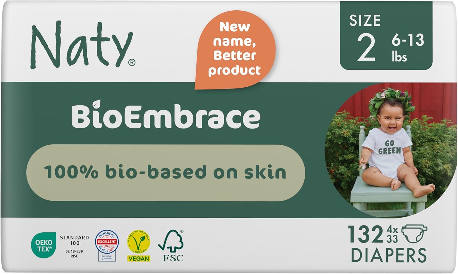 Naty BioEmbrace Baby Newborn Diapers Size 2 (6–13 lbs) | 100% Biobased on Skin | Plant-Based Softness | Dermatologically Tested, Super Absorbent | 132 Count