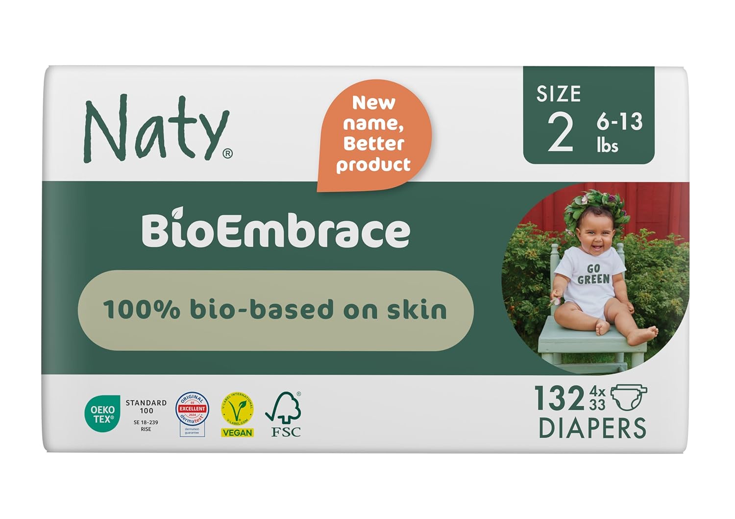 Naty BioEmbrace Baby Newborn Diapers Size 2 (613 lbs) | 100% Biobased on Skin | Plant-Based Softness | Dermatologically Tested, Super Absorbent | 132 Count