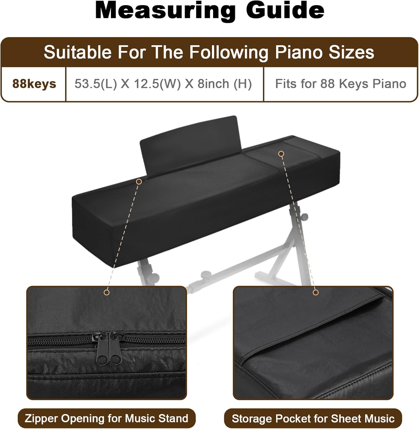 Explore Land 88 Keys Digital Piano Dust Cover with Music Stand Opening and Pockets - Waterproof Leatherette Electronic Keyboard Cover Fits for Most Piano(Black) - Image 2