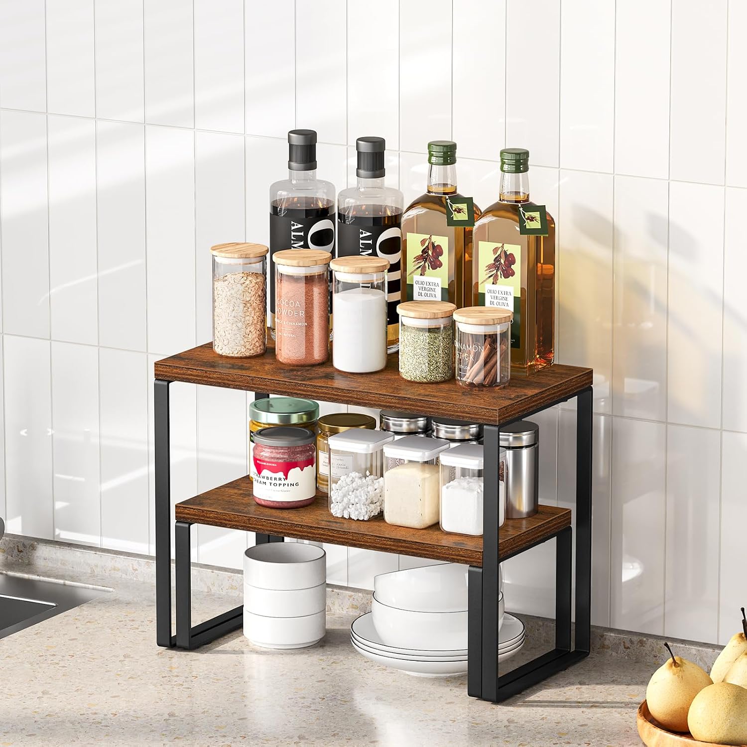 Giikin Kitchen Counter Shelf, Set of 2 Spice Rack Cabinet Organizer Shelf, Stackable Corner Countertop Organizer for Pantry, Coffee Station, Rustic Brown